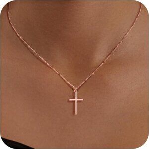 Womens 04 Simple Rose Gold 14K Gold Silver Cross Necklace - Non Tarnish Jewelry